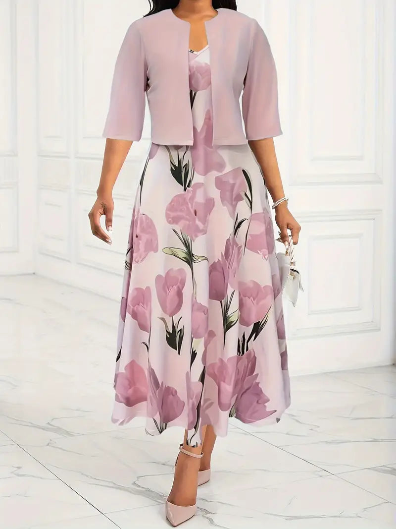 Women's Floral Maxi Dress with Cropped Jacket and Lightweight Breathable Fabric