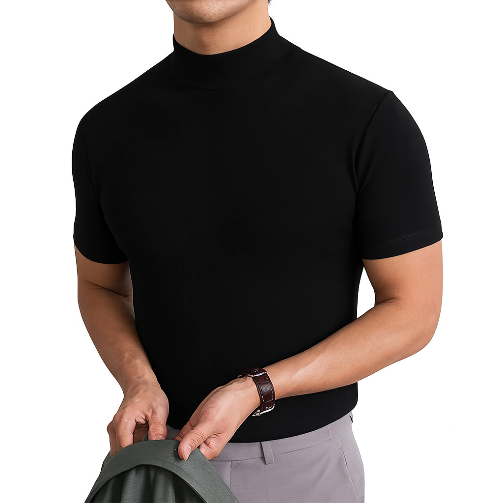 Men's Short Sleeve Turtleneck with Twill Weave and Pull-On Design