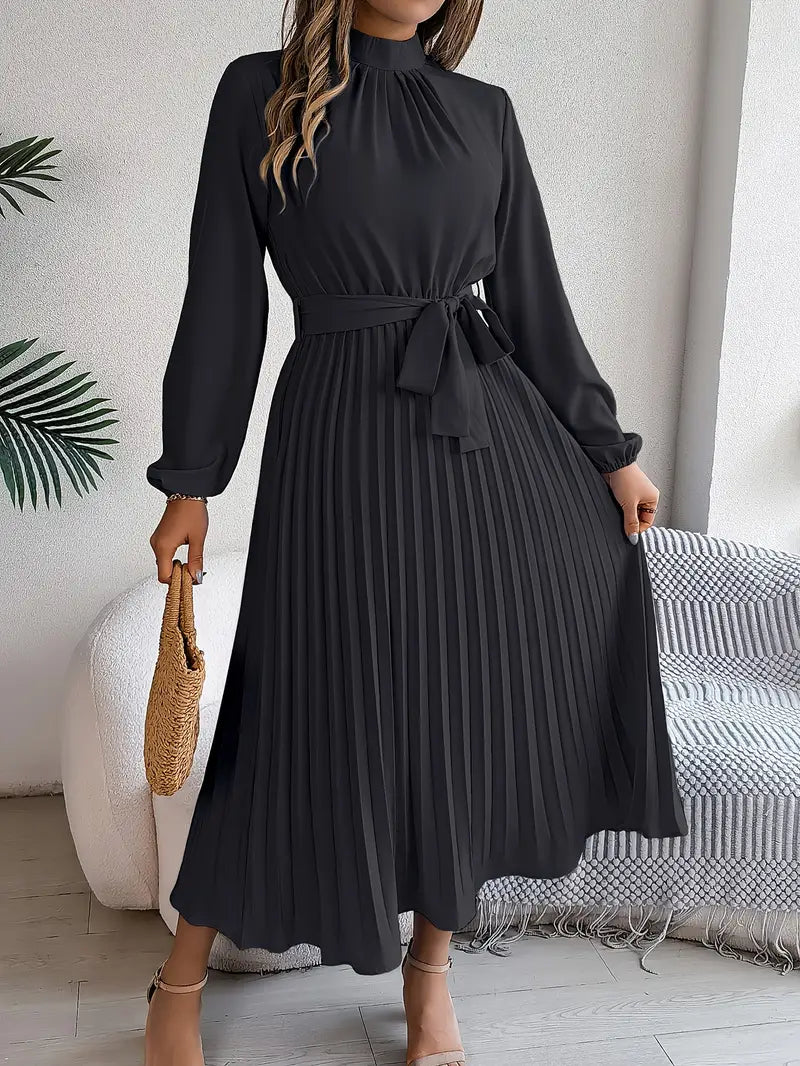 Long Sleeve Pleated Dress with Removable Belt and Hidden Zipper, Lightweight Polyester