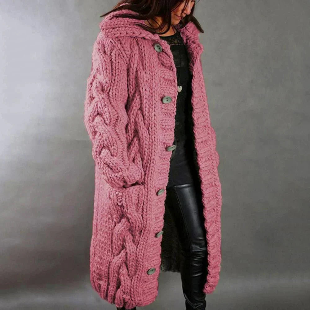 Oversized Cable Knit Cardigan with Button Front and Full-Length Coverage