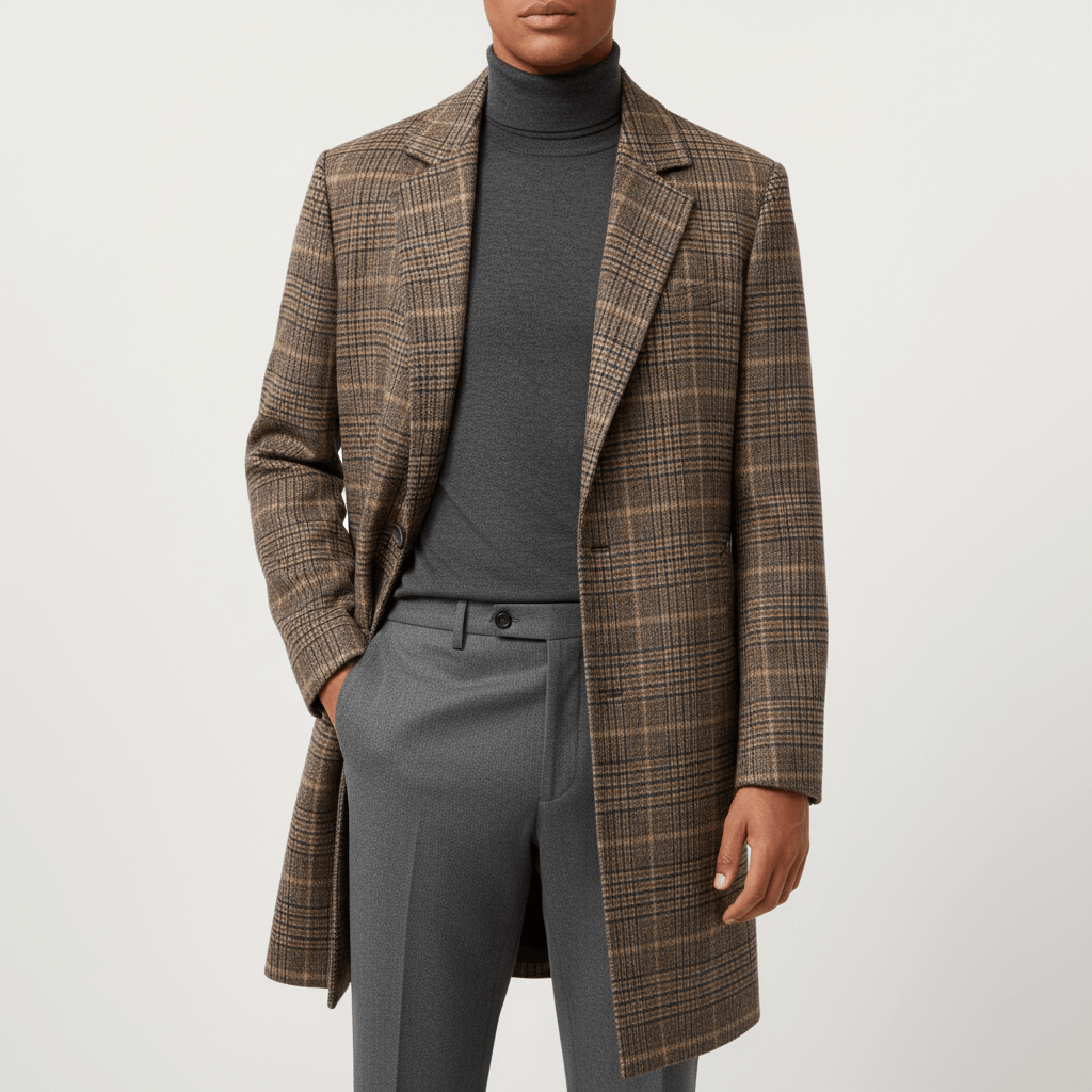 Luminovi | Brown Plaid Wool Overcoat