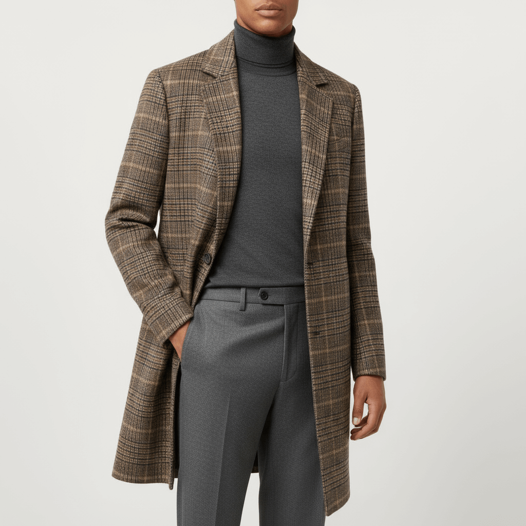 Luminovi | Brown Plaid Wool Overcoat