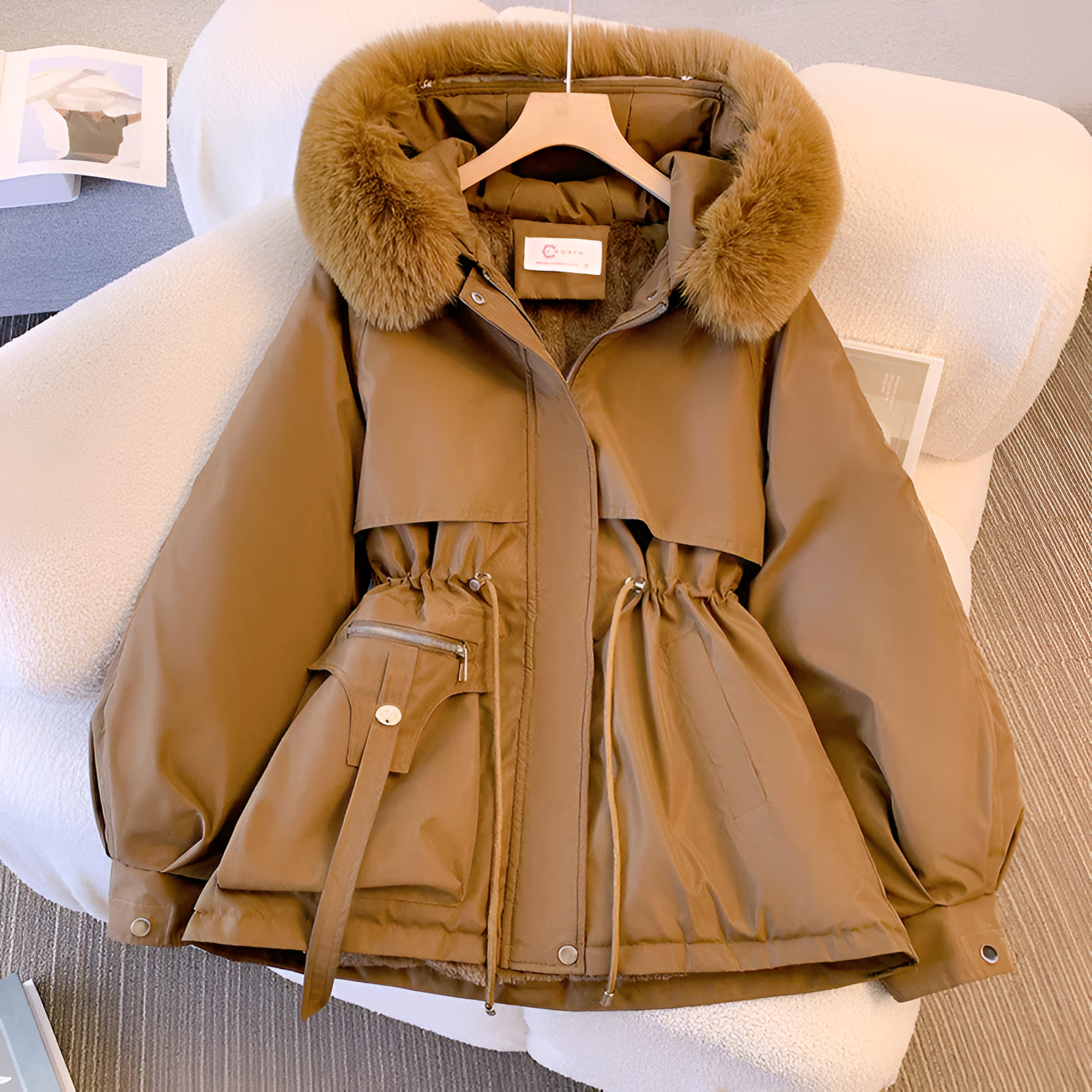Women's Winter Coat with Plush Faux Fur Collar and Adjustable Drawstring Waist, Pockets