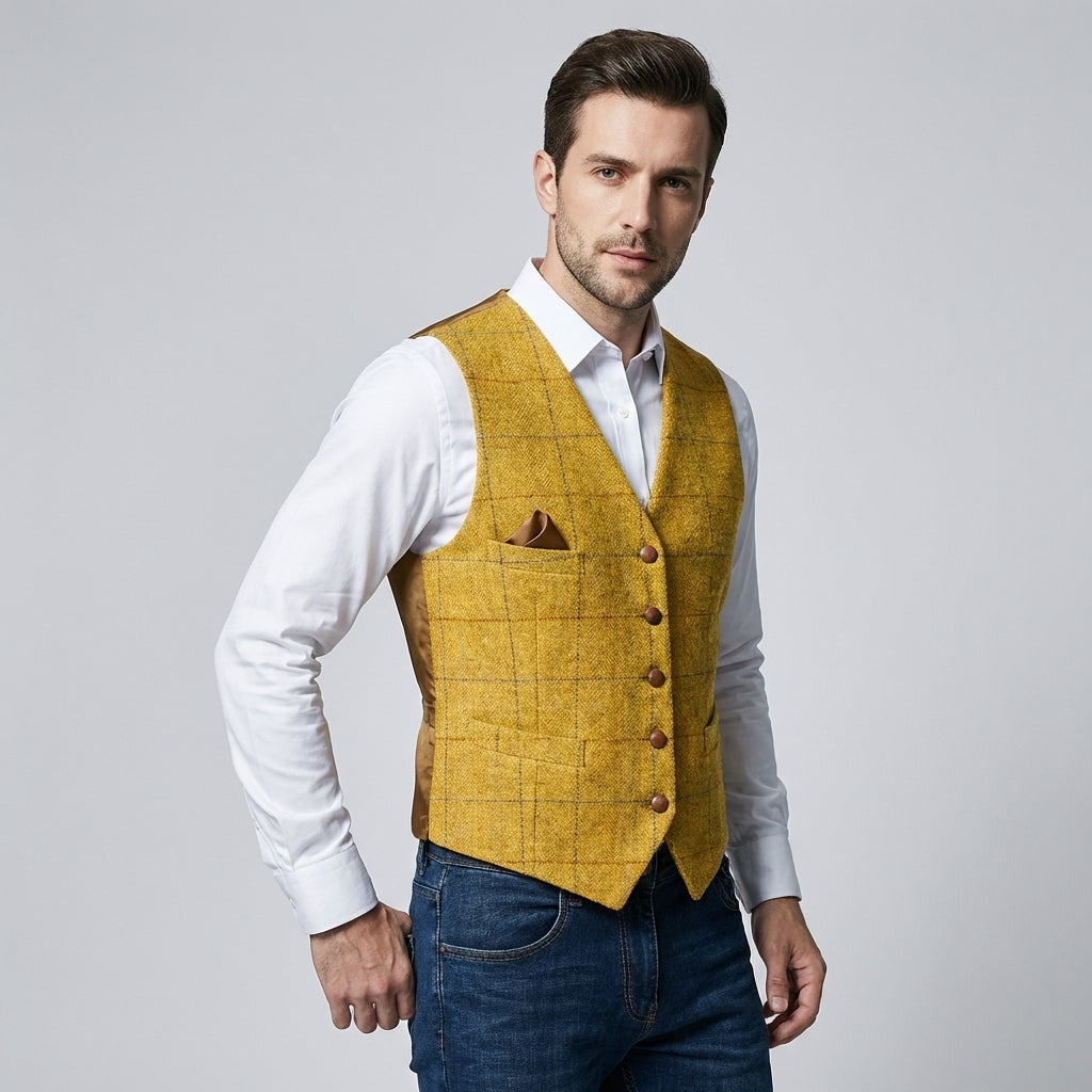 Men's V-Neck Vest with Adjustable Back Strap and Button Front, Woven Blend