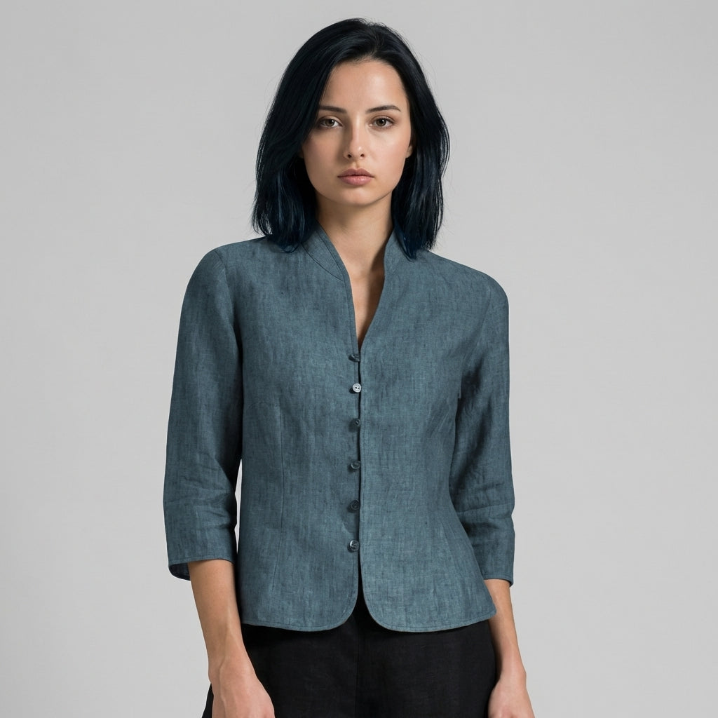 Women's Chambray Blouse with Stand Collar and Three Quarter Sleeves, Button Front