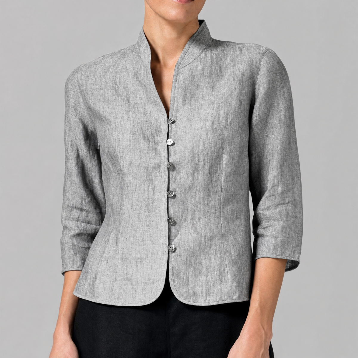 Women's Chambray Blouse with Stand Collar and Three Quarter Sleeves, Button Front