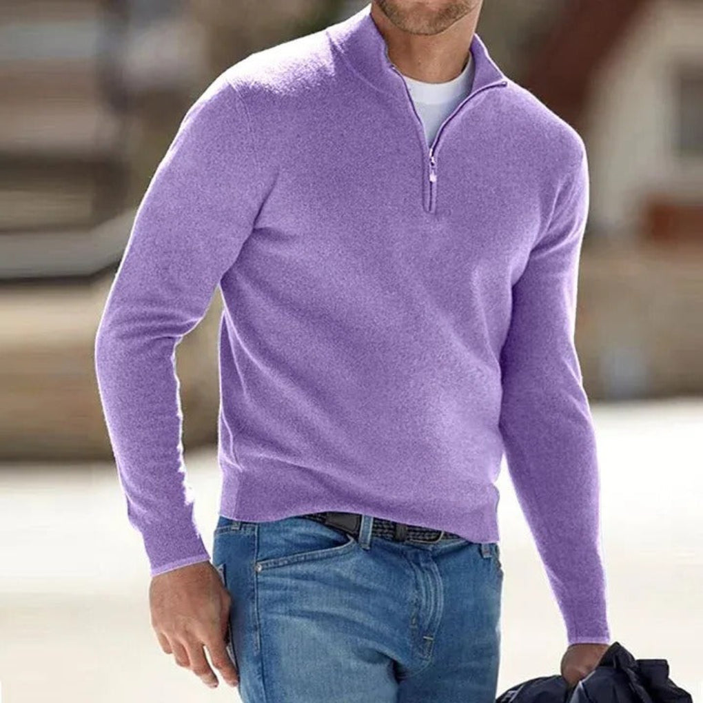 Men's Quarter Zip Sweater with Soft Knit and Ribbed Cuffs, Breathable Polyester