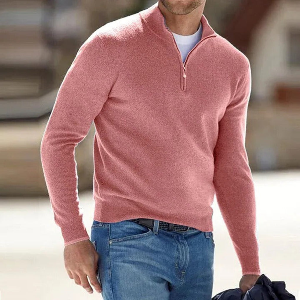 Men's Quarter Zip Sweater with Soft Knit and Ribbed Cuffs, Breathable Polyester
