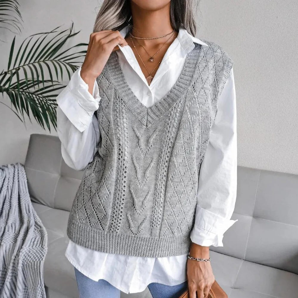 Sleeveless Cable Knit Cardigan with V Neckline and Slim Fit for Women