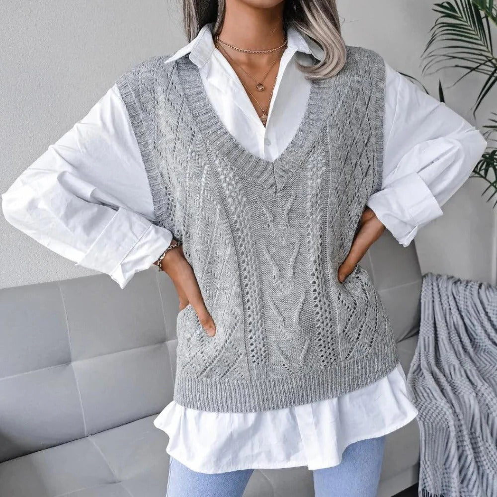 Sleeveless Cable Knit Cardigan with V Neckline and Slim Fit for Women