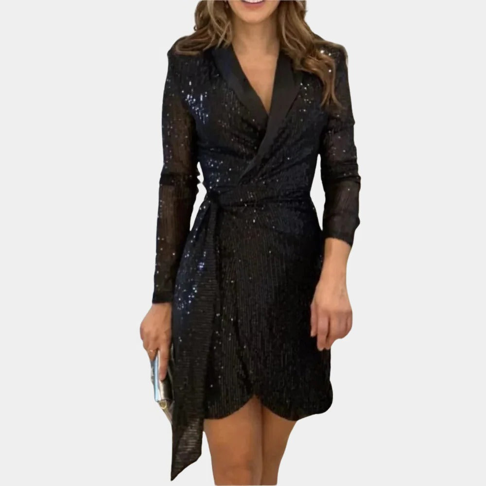 Blazer Dress with Attached Belt and Glitter Threads, Four Colors