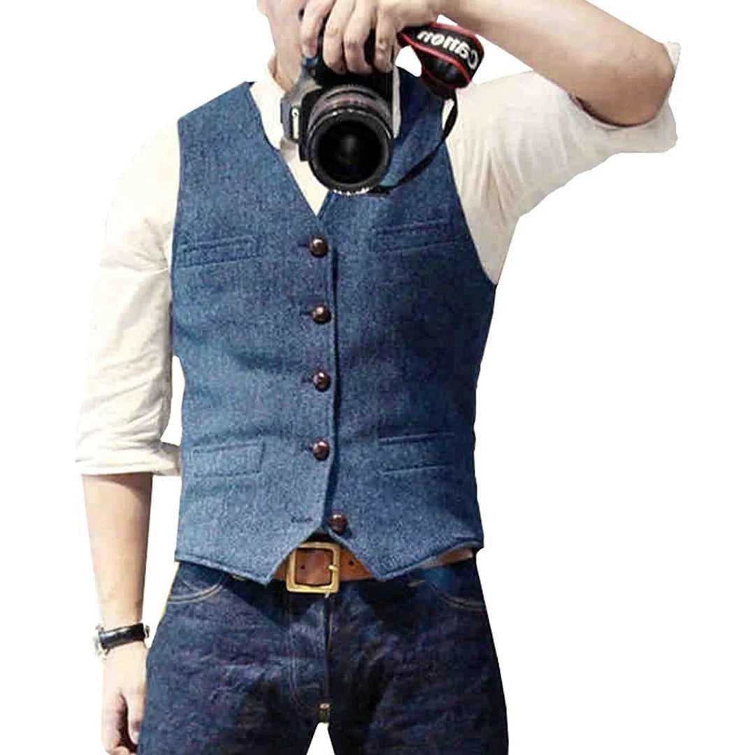 Men's Button Front Vest with Dual Pockets and Wool Blend Fabric