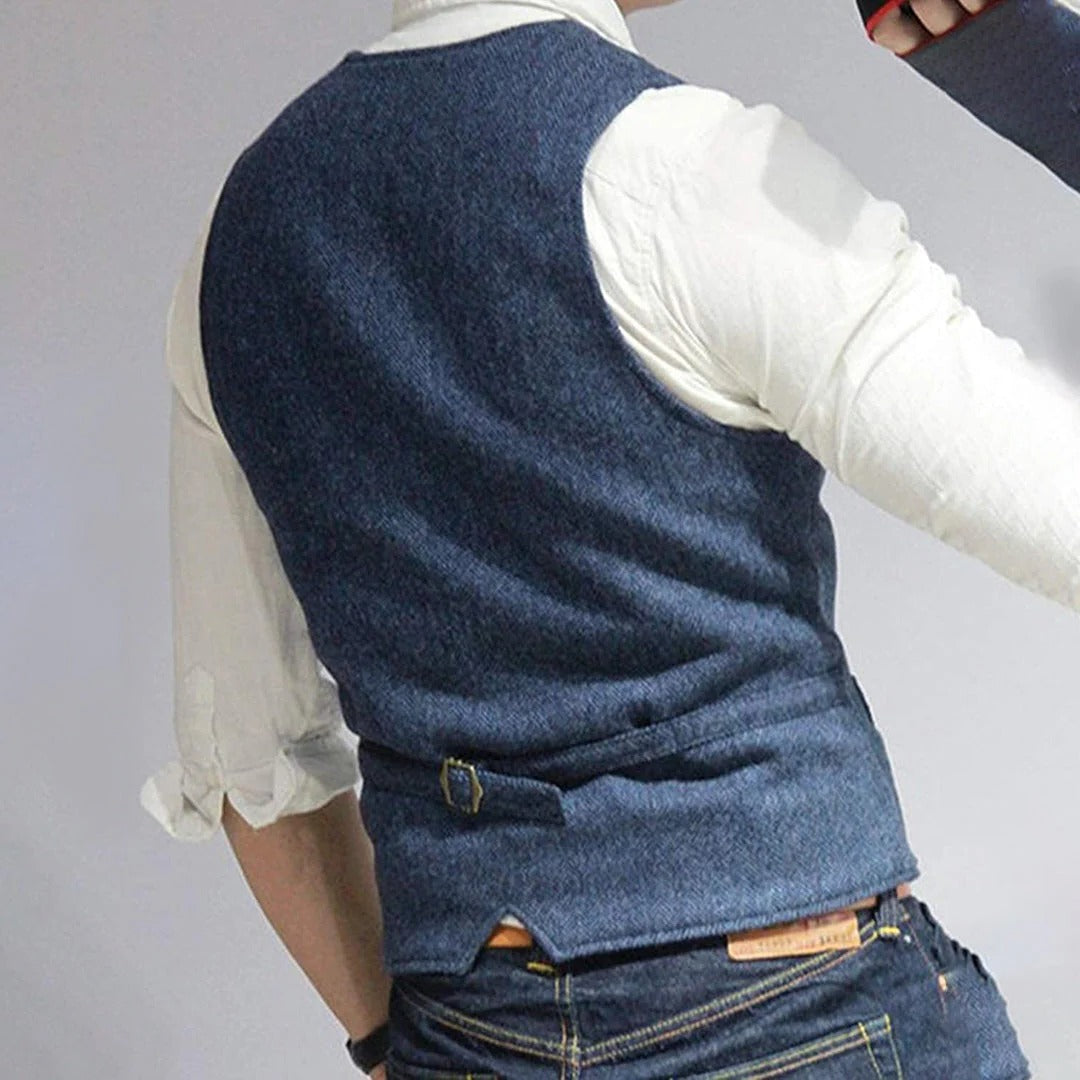 Men's Button Front Vest with Dual Pockets and Wool Blend Fabric