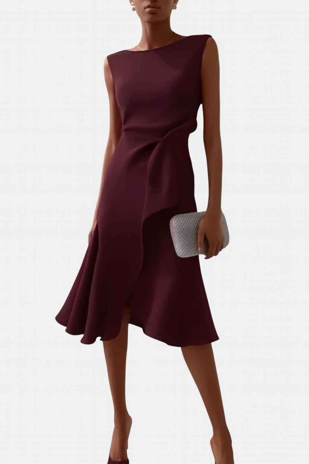 Asymmetric Midi Dress with Draped Detail and Sleeveless Cut, Lightweight Drapey Fabric