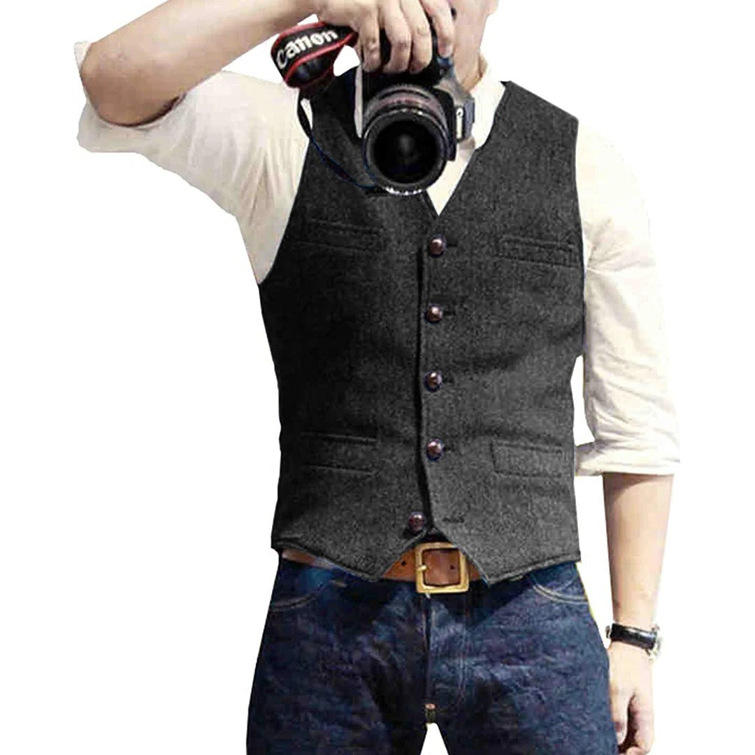 Men's Button Front Vest with Dual Pockets and Wool Blend Fabric