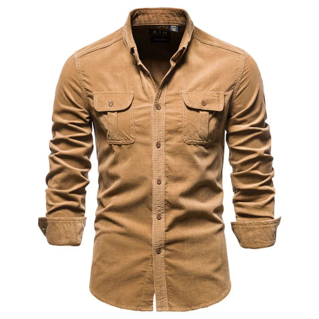 Textured Corduroy Button-Up Shirt with Long Sleeves and Classic Collar