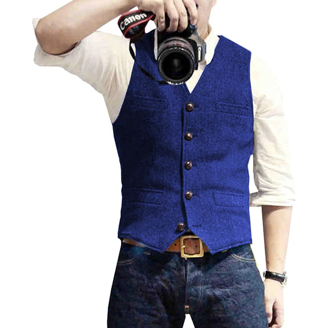 Men's Button Front Vest with Dual Pockets and Wool Blend Fabric