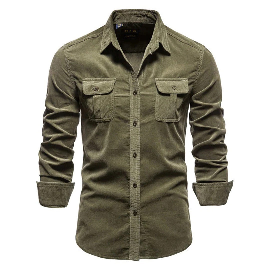 Textured Corduroy Button-Up Shirt with Long Sleeves and Classic Collar