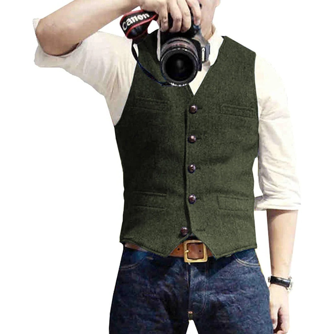 Men's Button Front Vest with Dual Pockets and Wool Blend Fabric