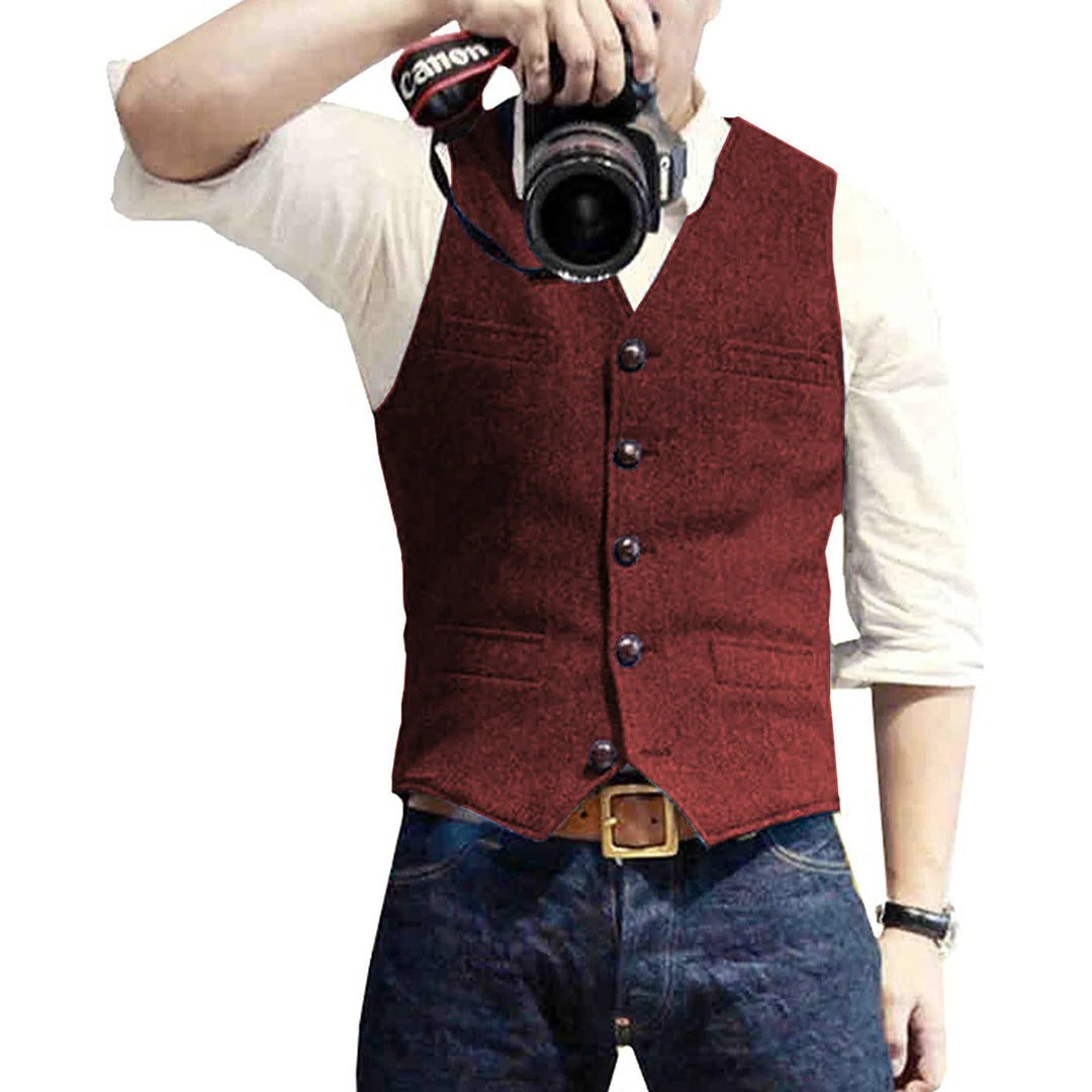 Men's Button Front Vest with Dual Pockets and Wool Blend Fabric