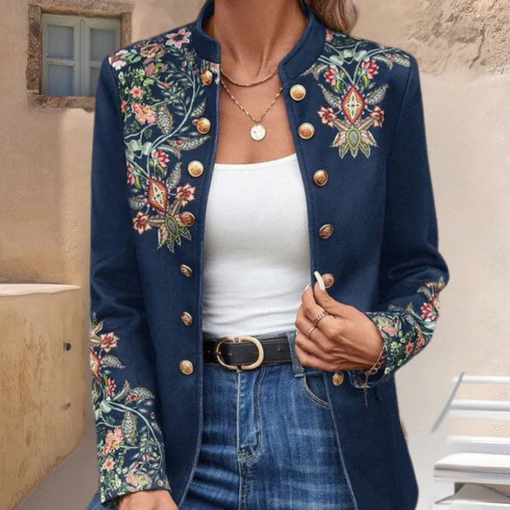 Collarless Floral Blazer with Button Front and Tailored Fit for Women