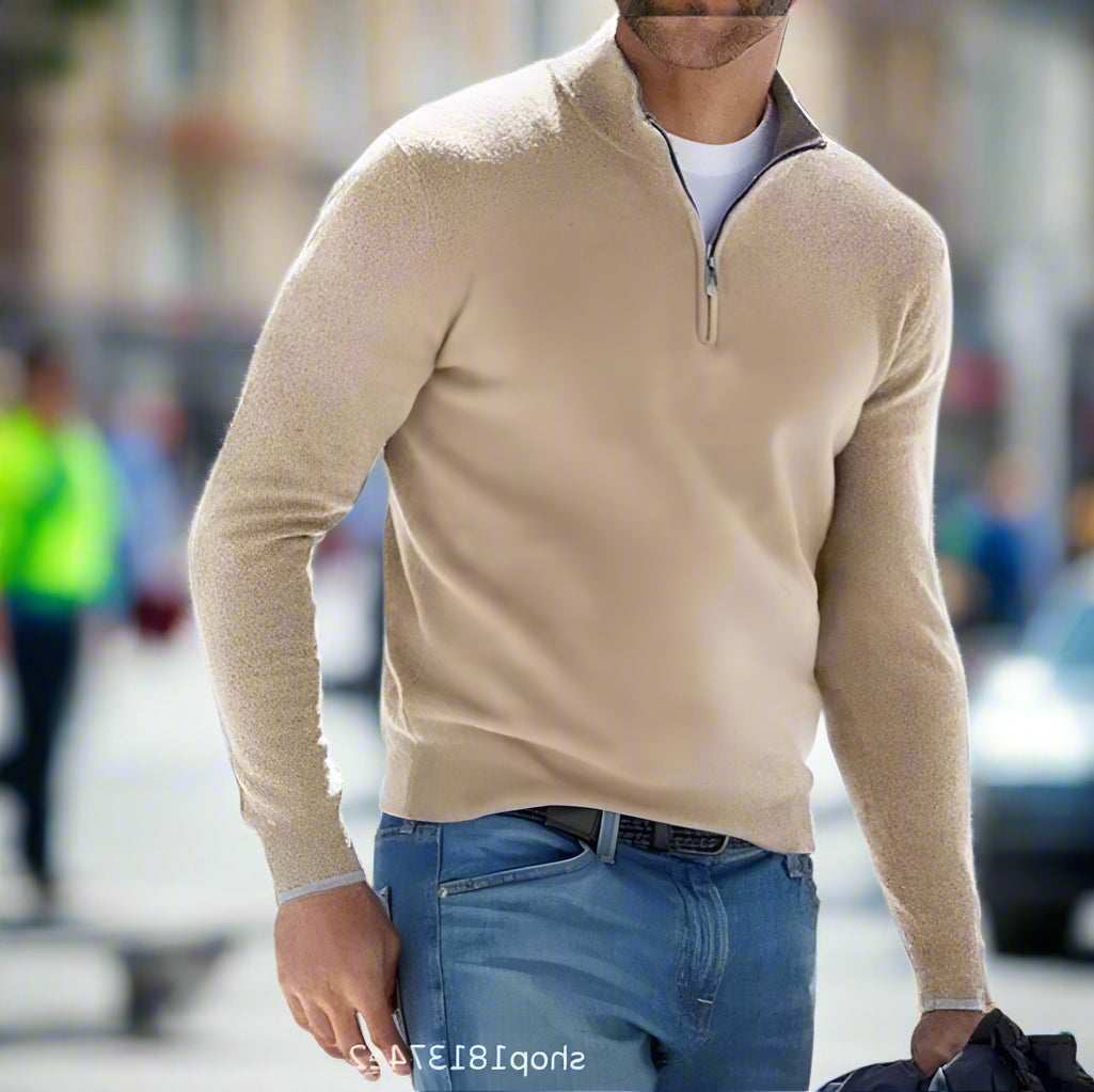 Men's Quarter Zip Sweater with Soft Knit and Ribbed Cuffs, Breathable Polyester