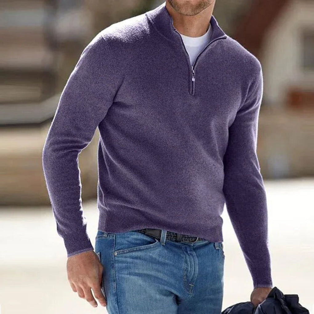 Men's Quarter Zip Sweater with Soft Knit and Ribbed Cuffs, Breathable Polyester