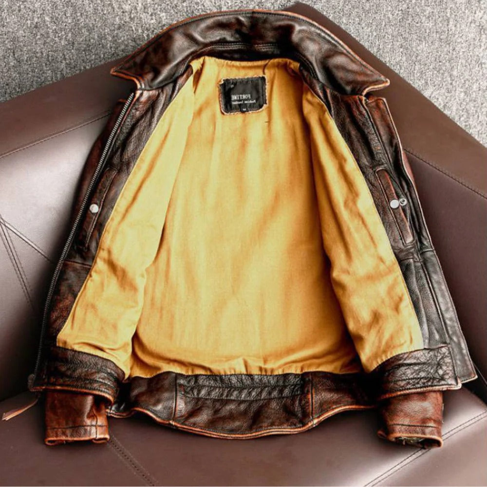 Men's Slim Retro Jacket with Cowhide Shell and Tailored Fit