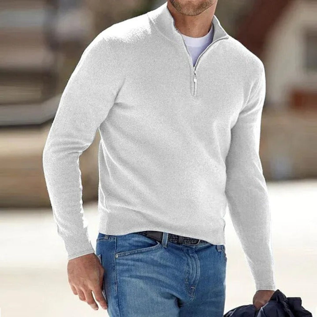 Men's Quarter Zip Sweater with Soft Knit and Ribbed Cuffs, Breathable Polyester