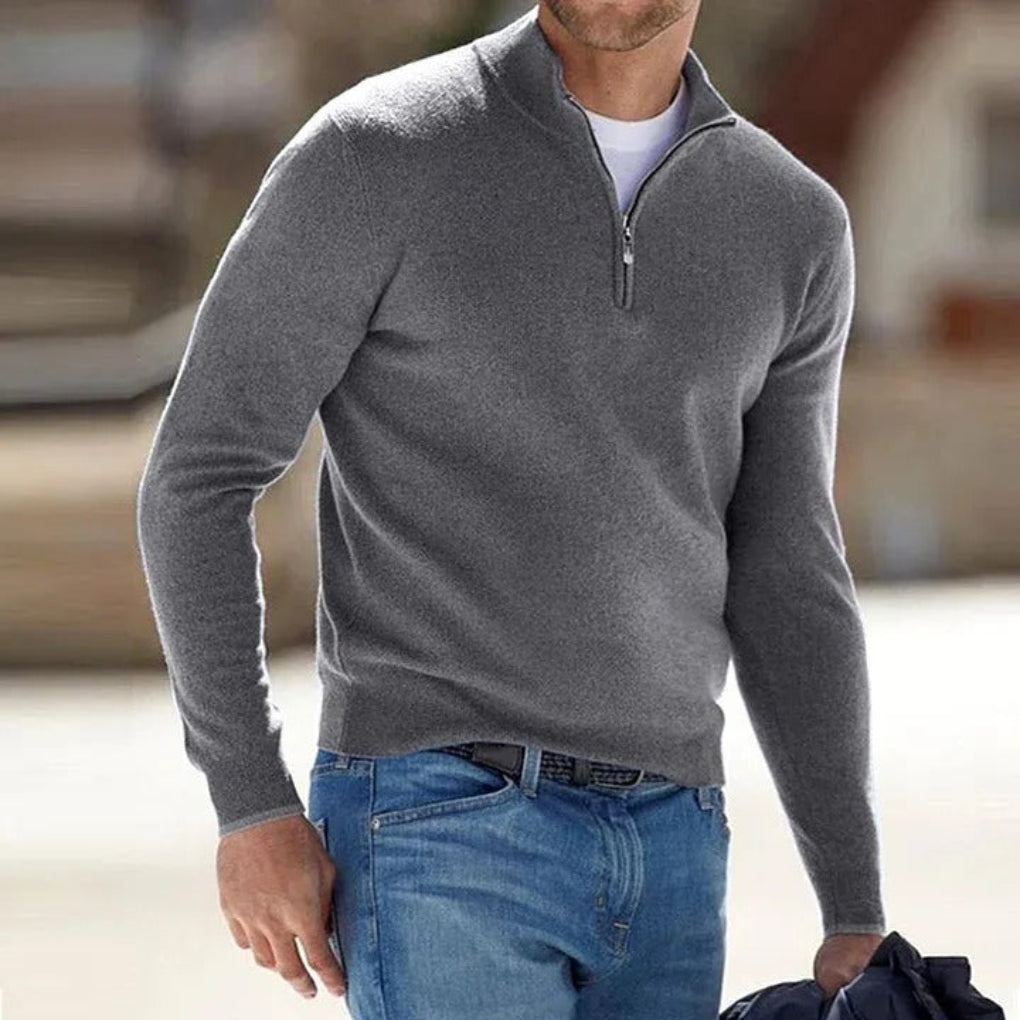 Men's Quarter Zip Sweater with Soft Knit and Ribbed Cuffs, Breathable Polyester
