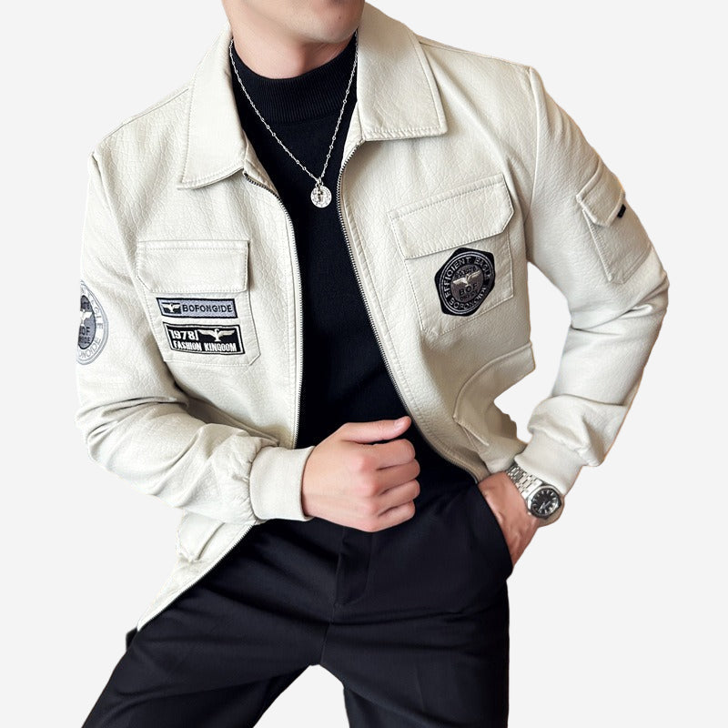 LUMINOVI | Embroidered Faux Leather Bomber