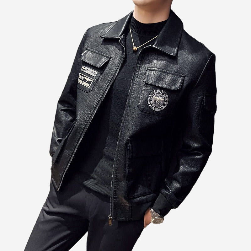 LUMINOVI | Embroidered Faux Leather Bomber