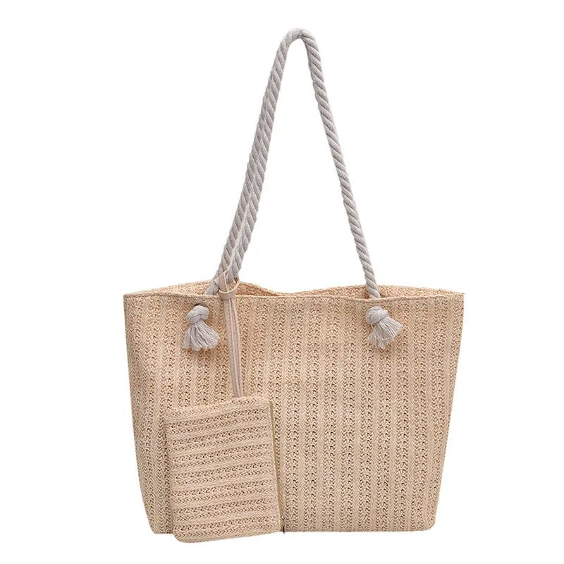 Beach Tote with Rope Handles and Matching Pouch, Woven Straw Texture