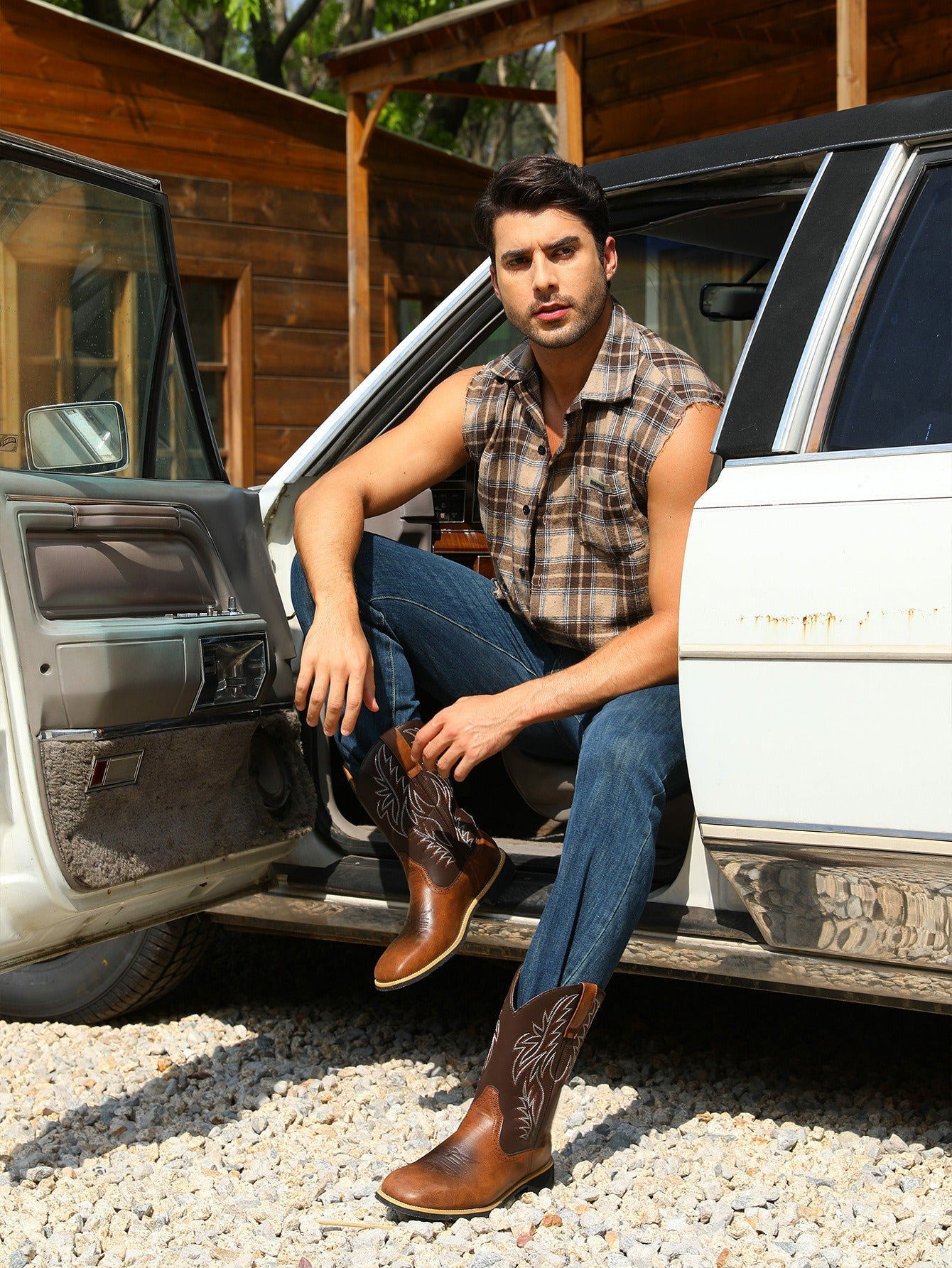 Cowboy Boots for Men with Flame Stitch and Tall Pull on Shaft, Traction Outsole