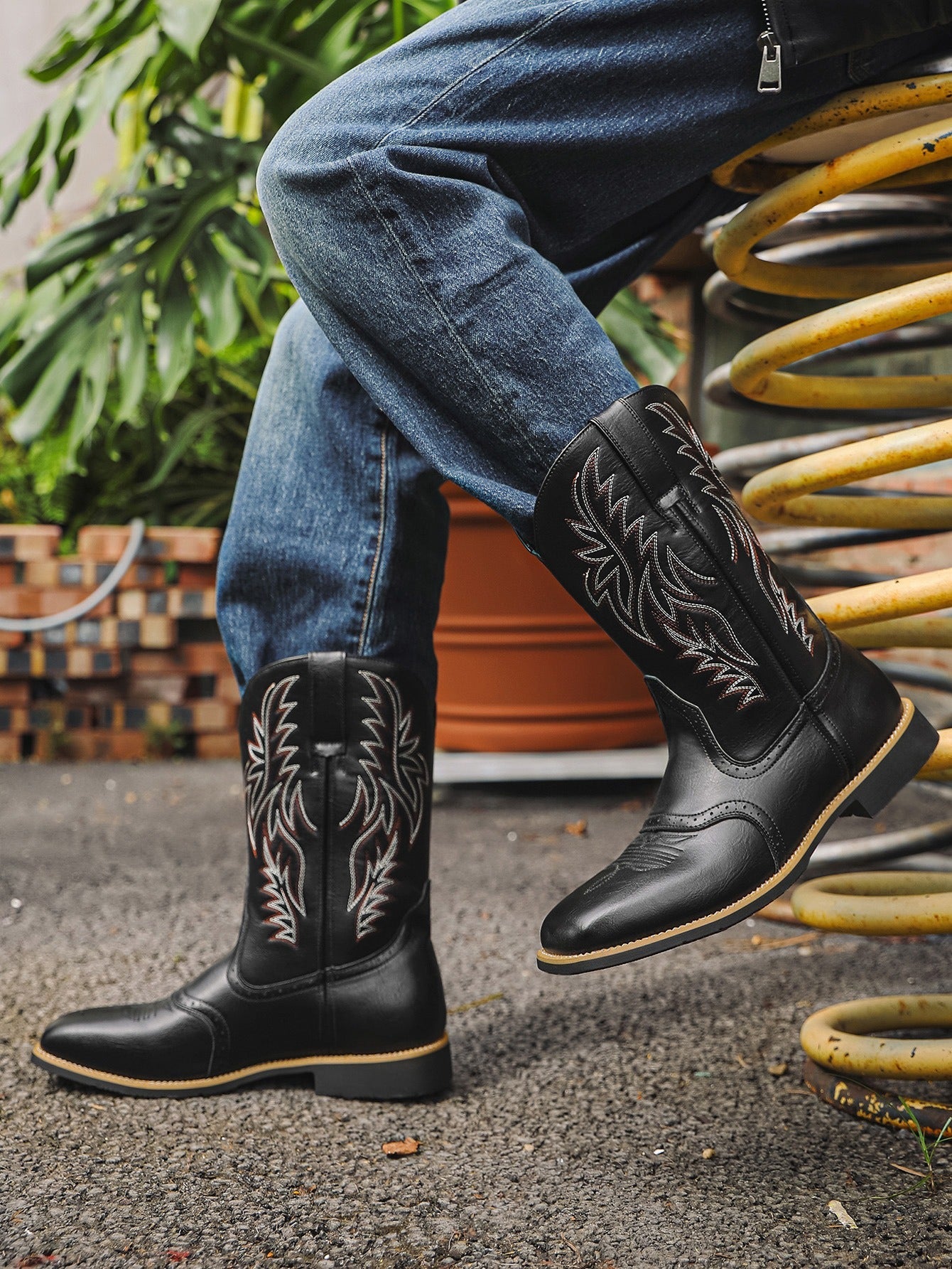Cowboy Boots for Men with Flame Stitch and Tall Pull on Shaft, Traction Outsole