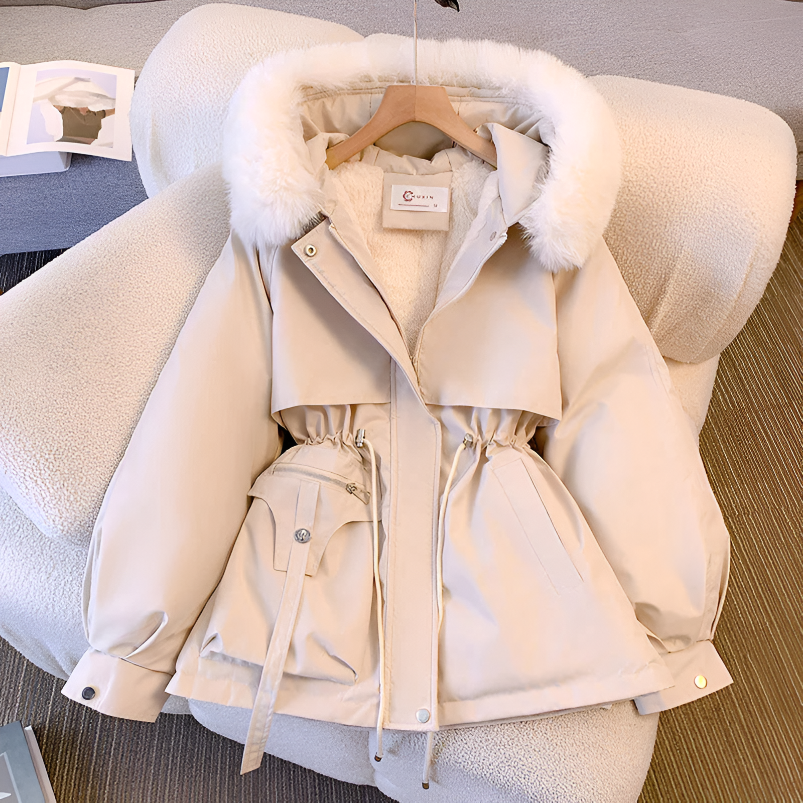 Women's Winter Coat with Plush Faux Fur Collar and Adjustable Drawstring Waist, Pockets