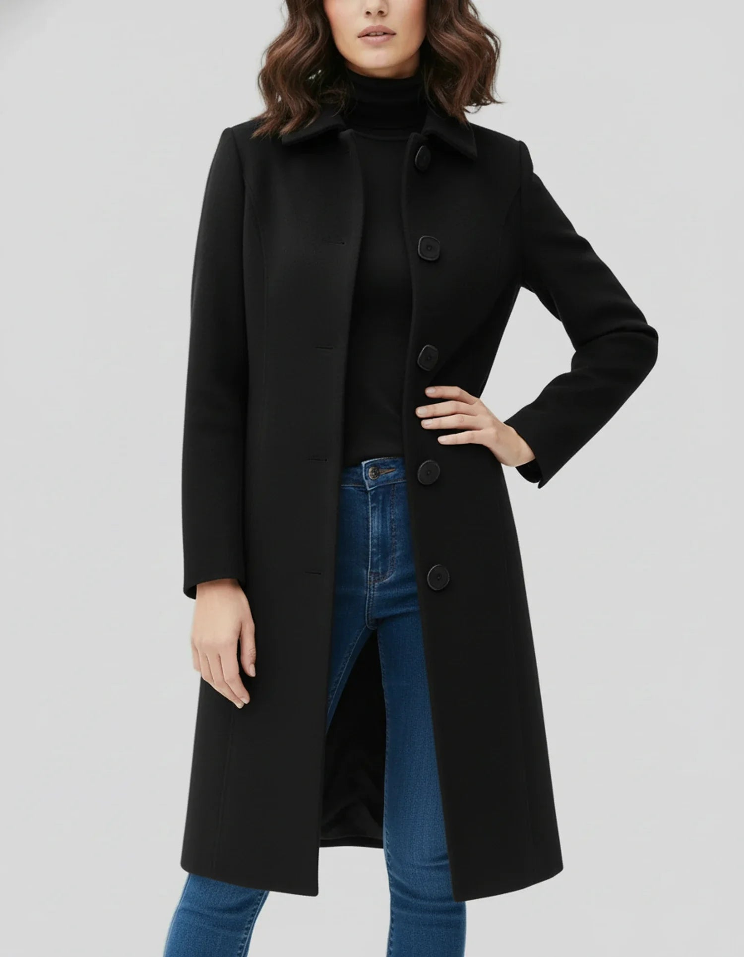 Women's Winter Trench Coat with Button Front and Flared Hem, Machine Washable