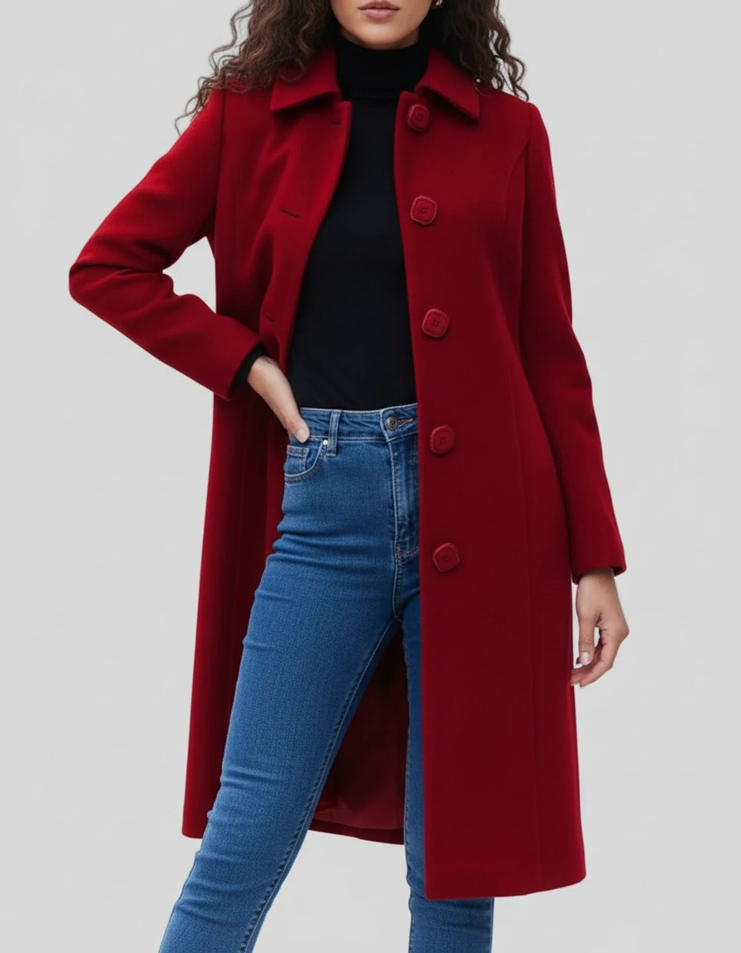 Women's Winter Trench Coat with Button Front and Flared Hem, Machine Washable