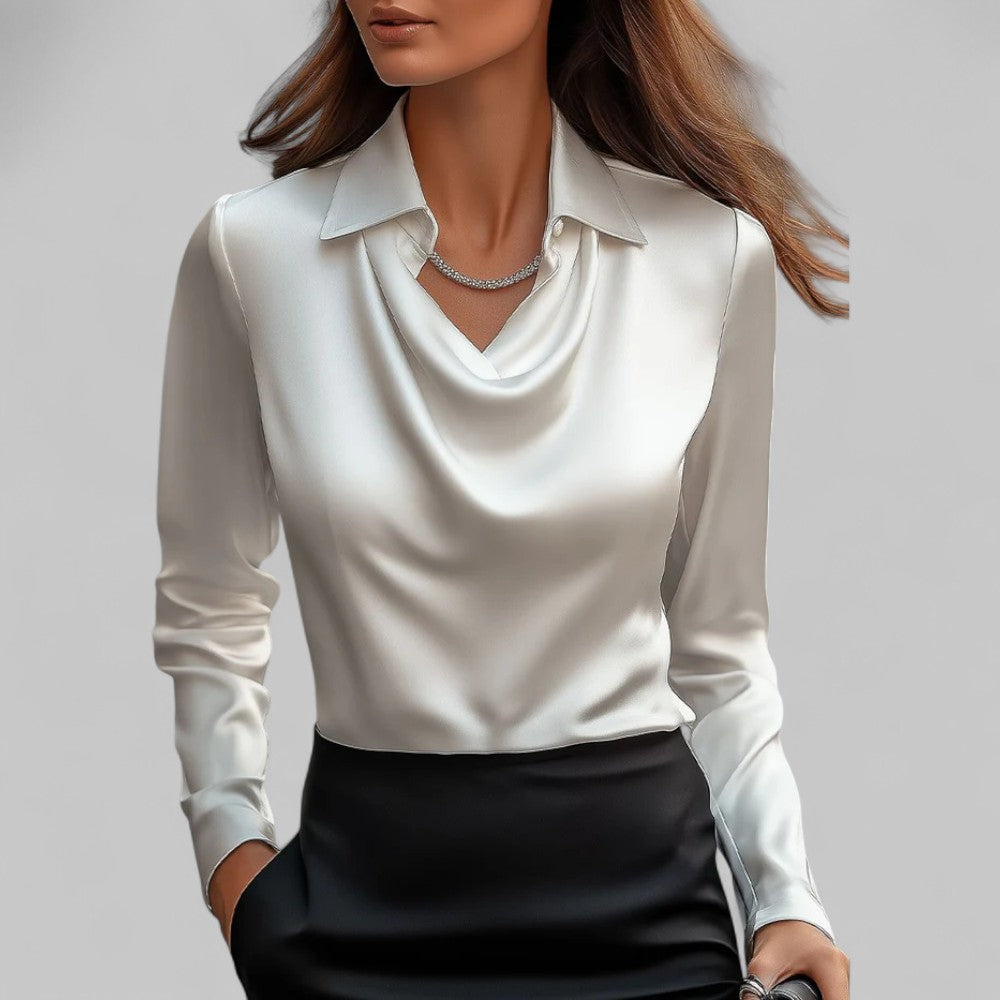 Women's Satin Blouse with Draped Neckline and Long Sleeves, Relaxed Tailored Fit