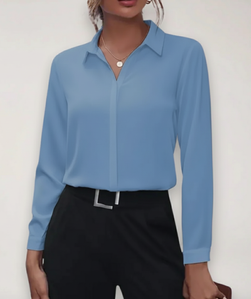 Button-Up Blouse with Classic Collar and Tapered Waist, Machine Washable