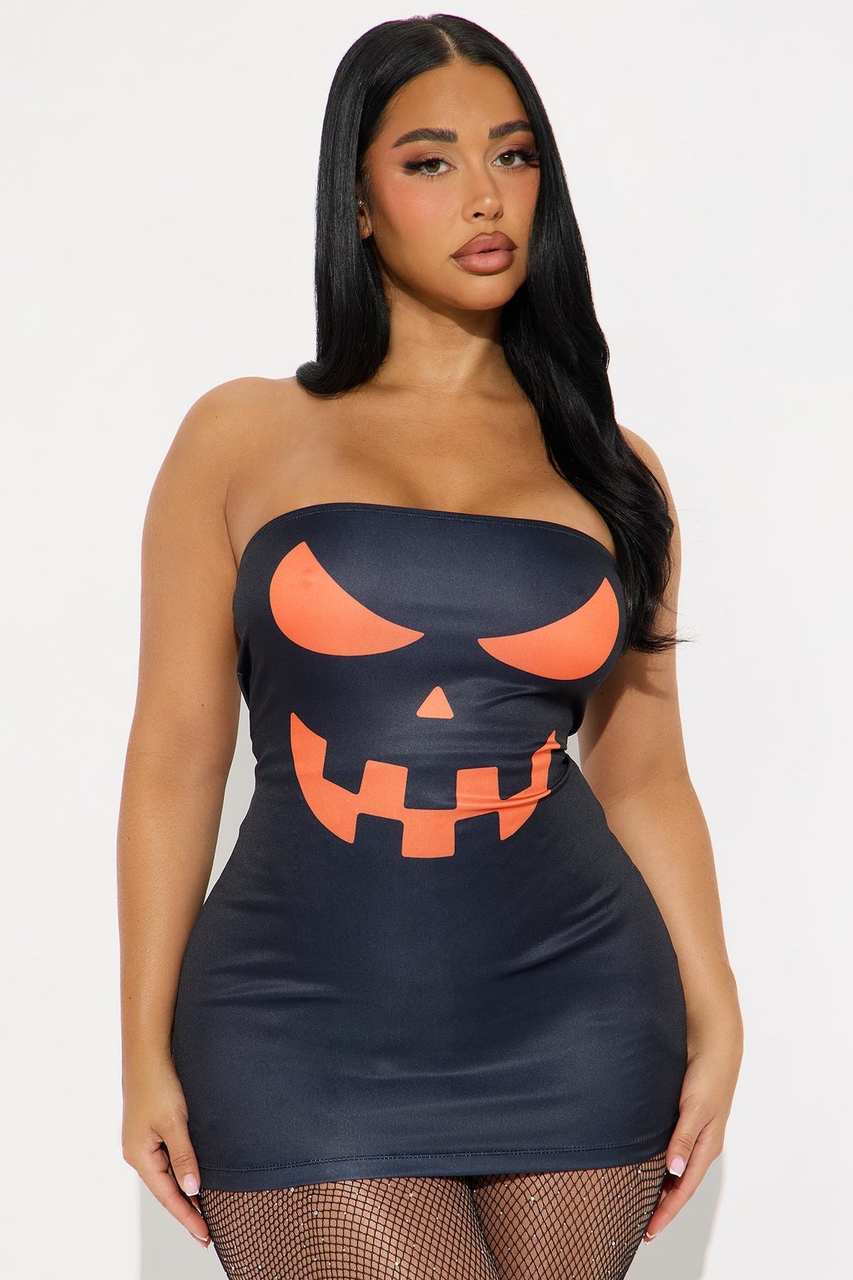 Jack O Lantern Pumpkin Graphic Mini Dress with Long Sleeves for Halloween