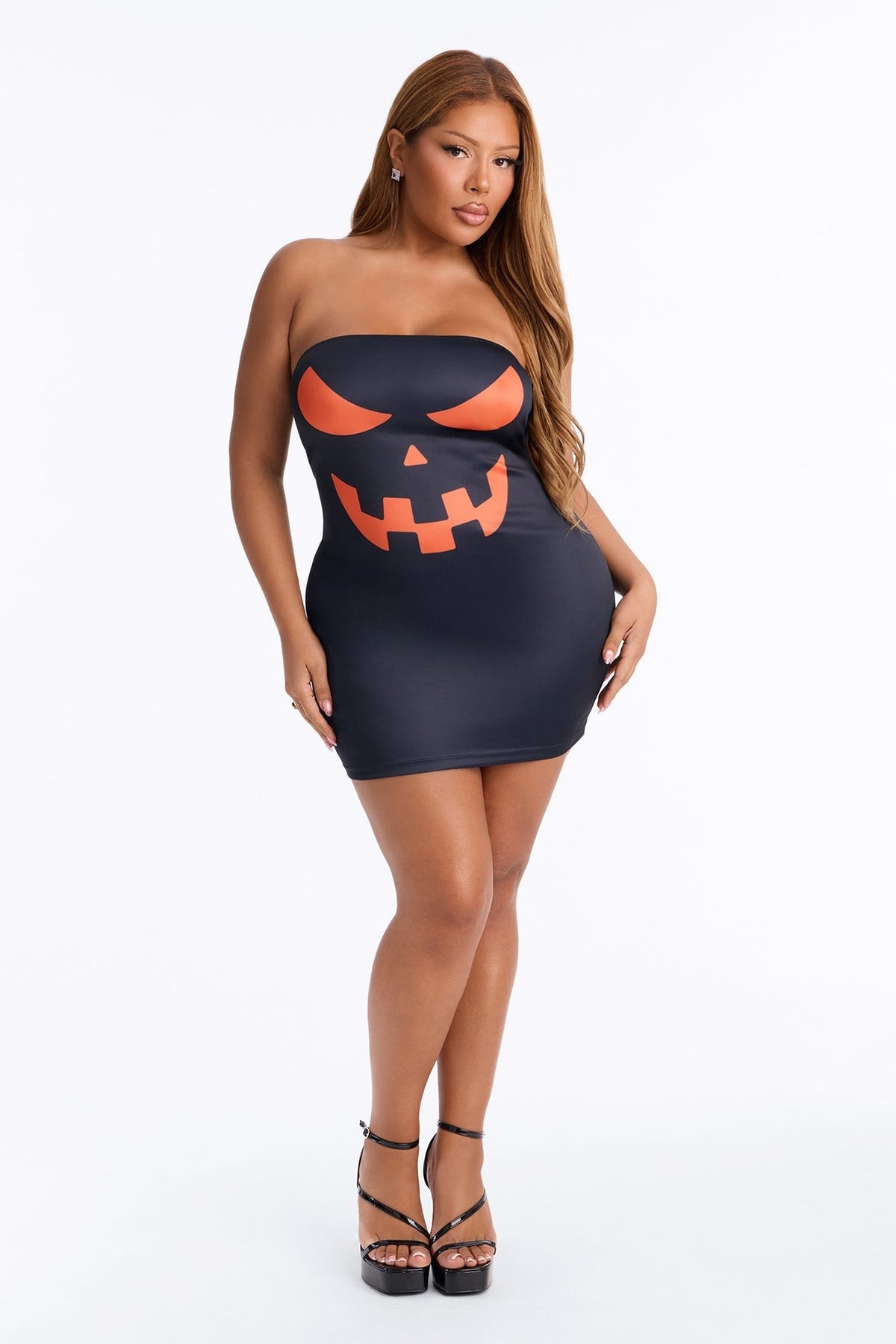 Jack O Lantern Pumpkin Graphic Mini Dress with Long Sleeves for Halloween