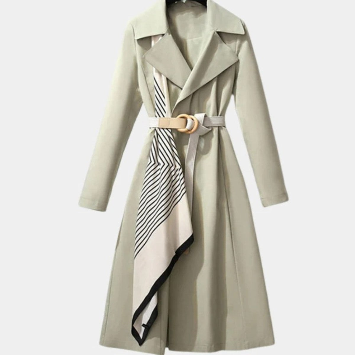 Women Long Trench Coat Outerwear with Waist Tie Belt and Classic Lapel Collar