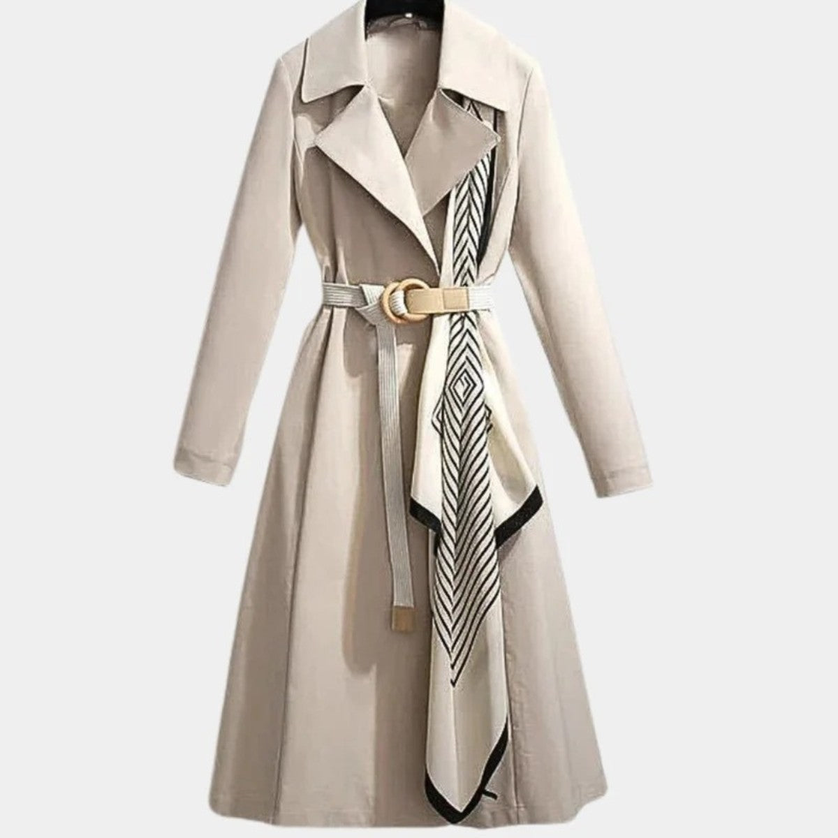 Women Long Trench Coat Outerwear with Waist Tie Belt and Classic Lapel Collar