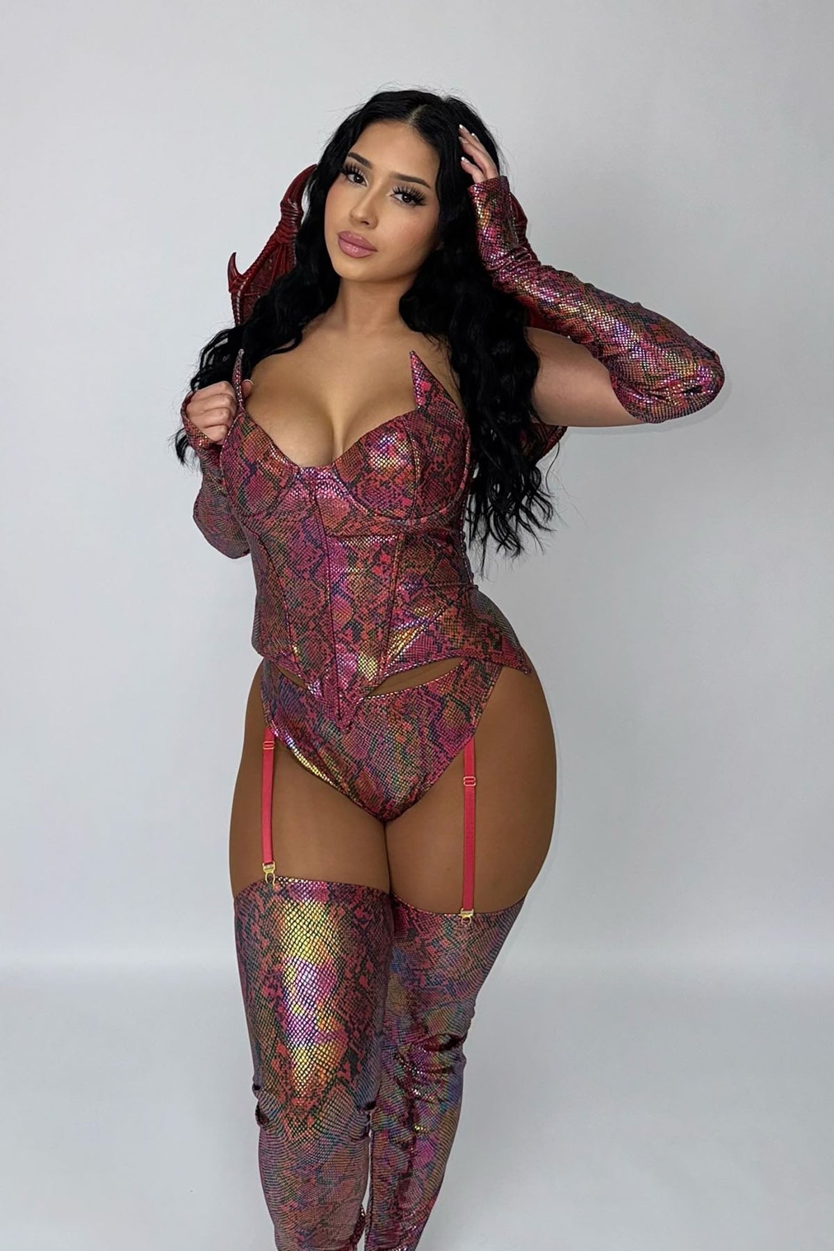 Women Burgundy Dragon Bodysuit Halloween Costume with Wings and Horn Headband