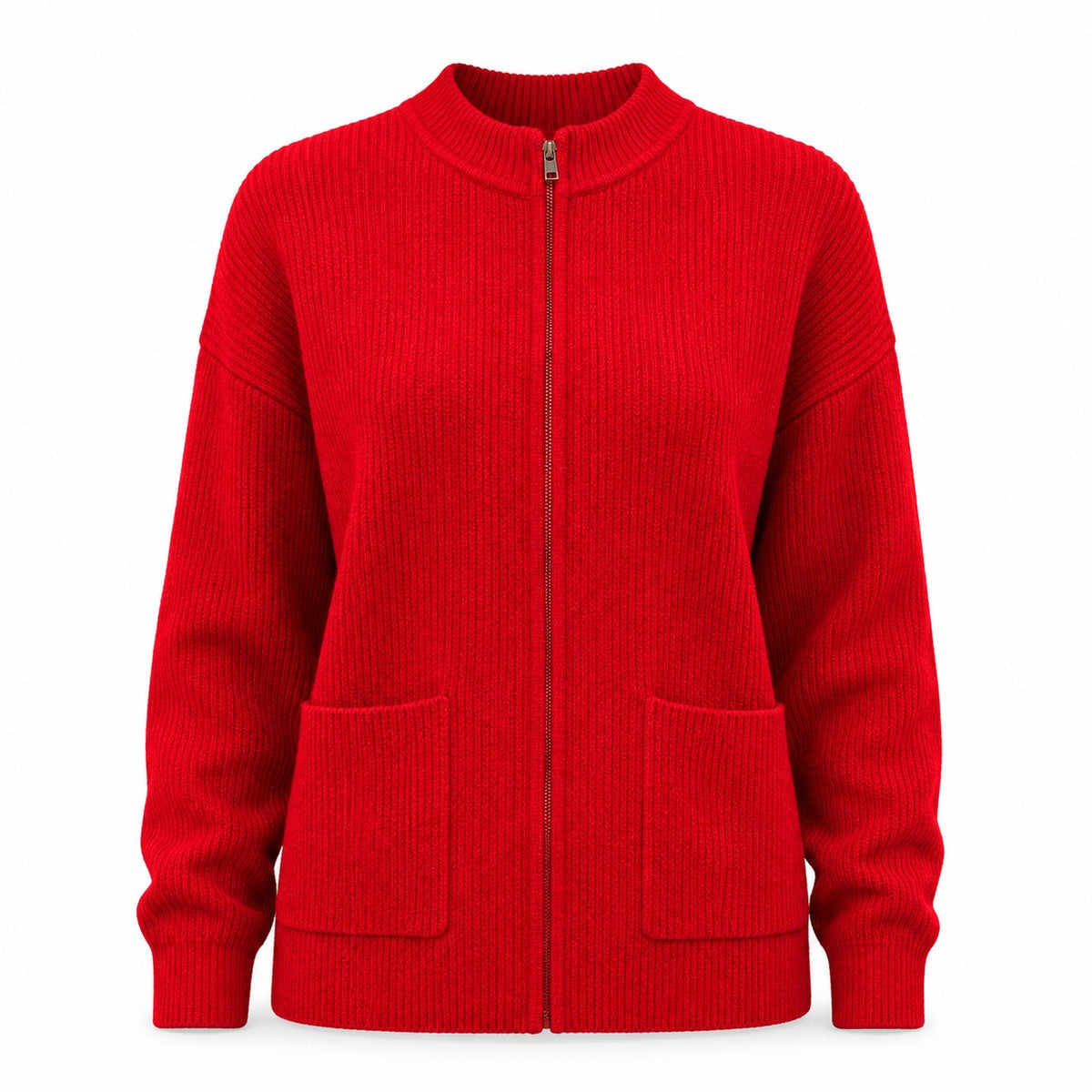 Casual Knit Cardigan Sweater for Women with Full Zip and Front Pockets