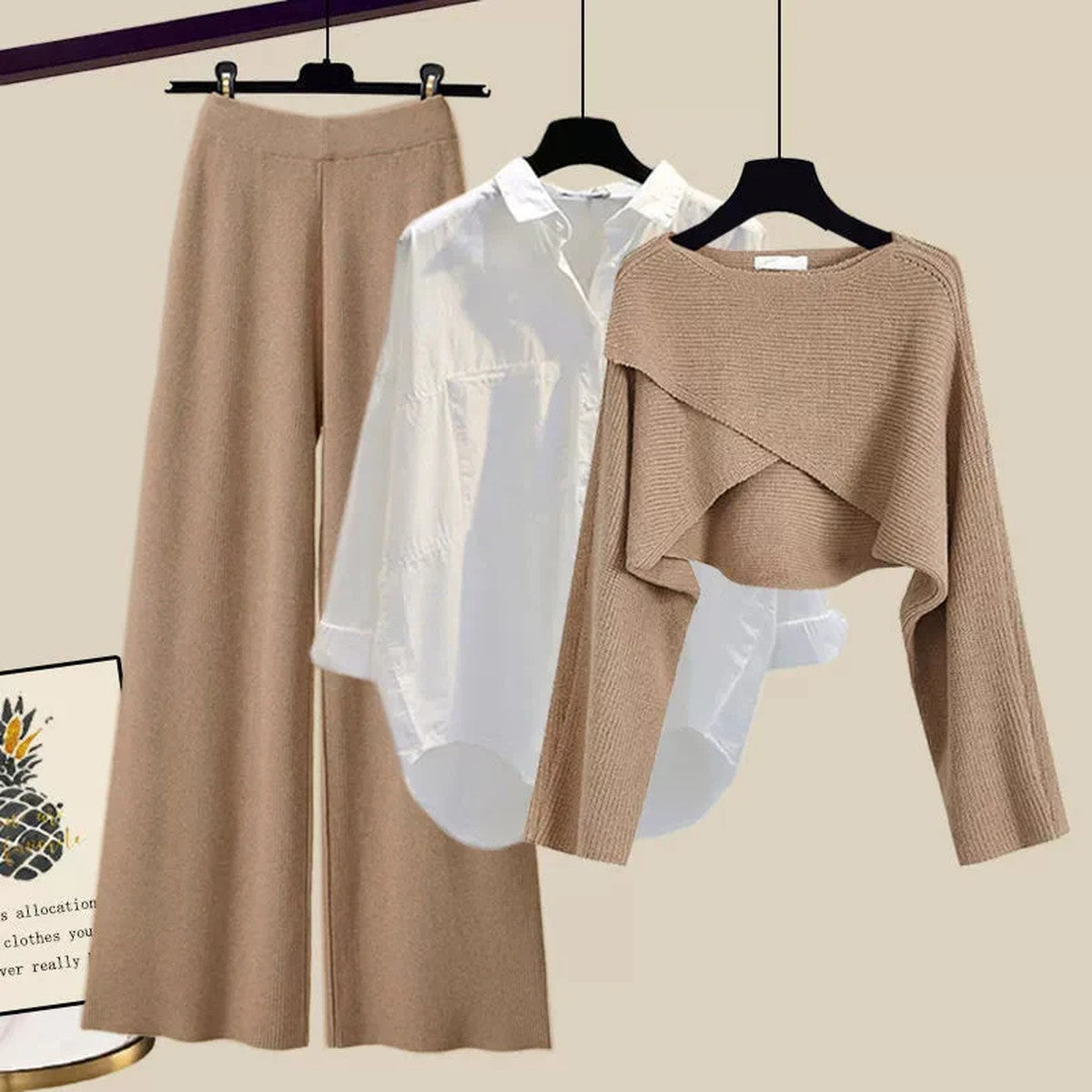 Three Piece Ribbed Knit Lounge Set with Long Open Cardigan and Maxi Skirt