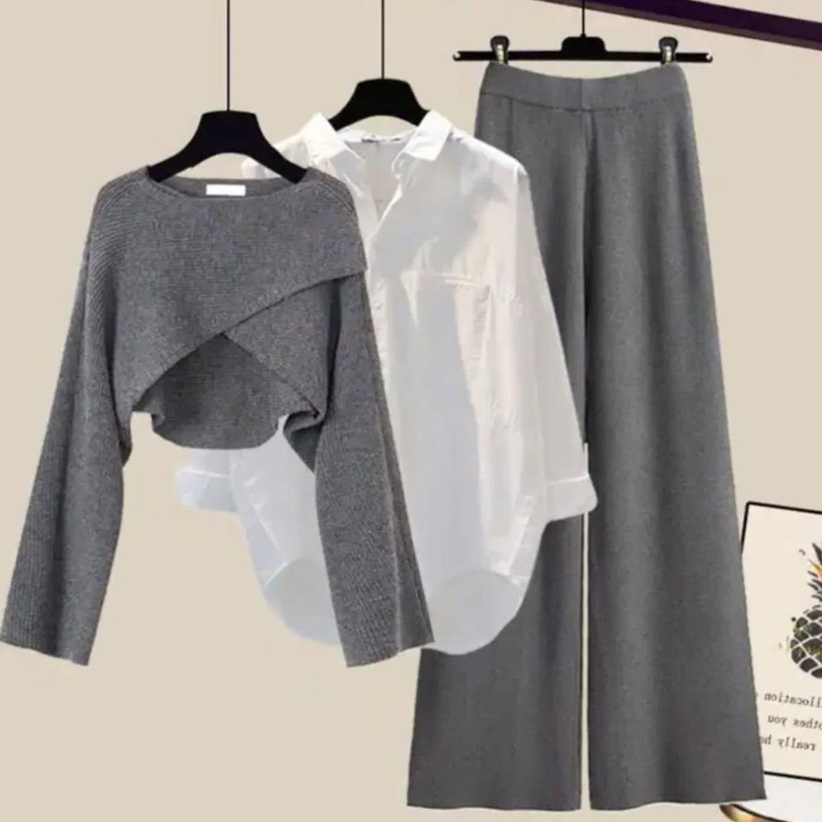 Three Piece Ribbed Knit Lounge Set with Long Open Cardigan and Maxi Skirt