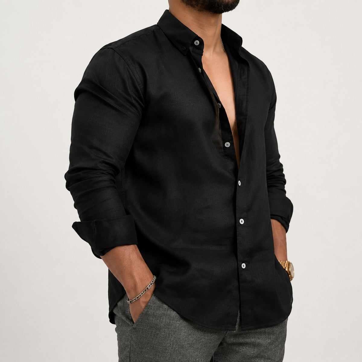 Men Long Sleeve Casual Button Down Shirt with Mandarin Collar