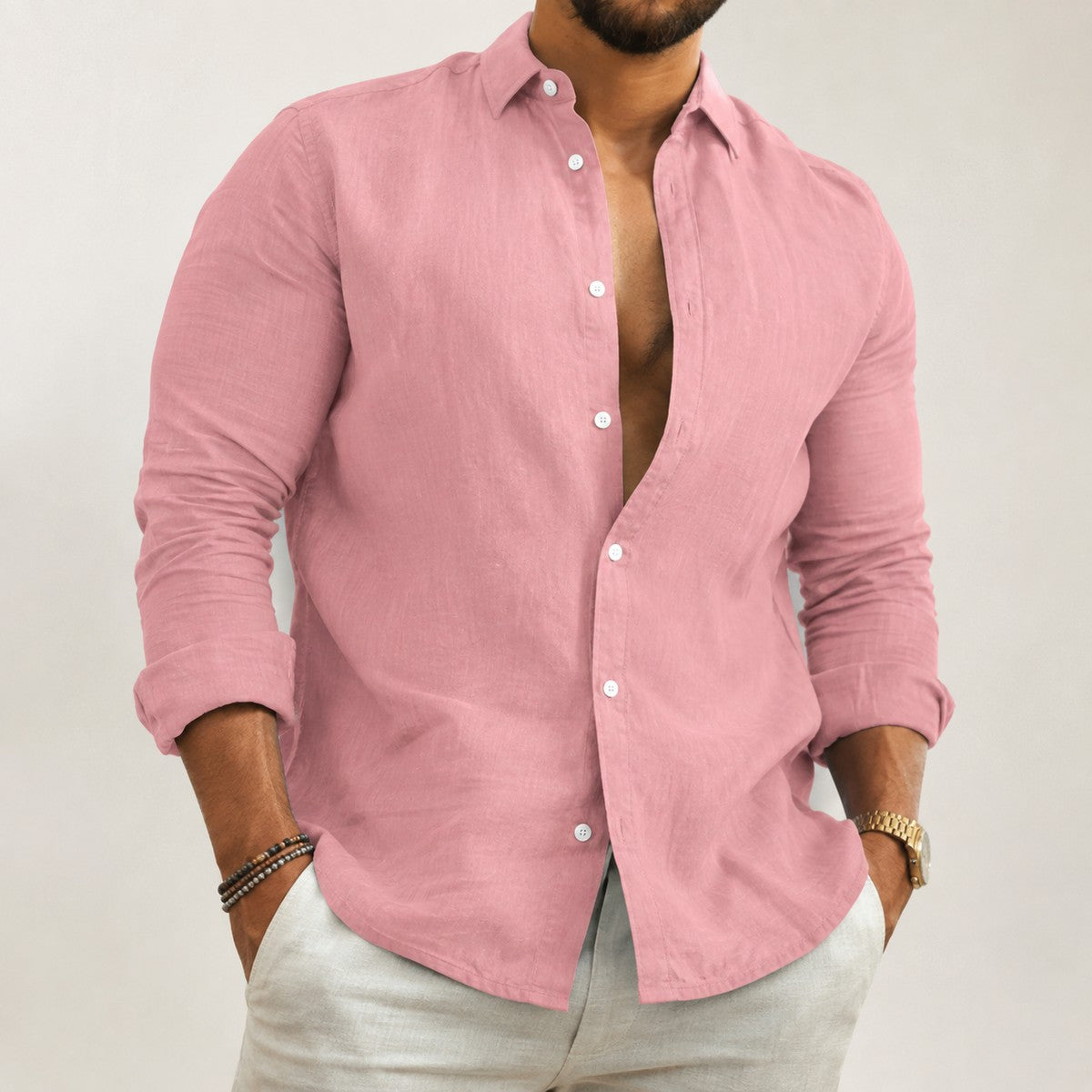 Men Long Sleeve Casual Button Down Shirt with Mandarin Collar